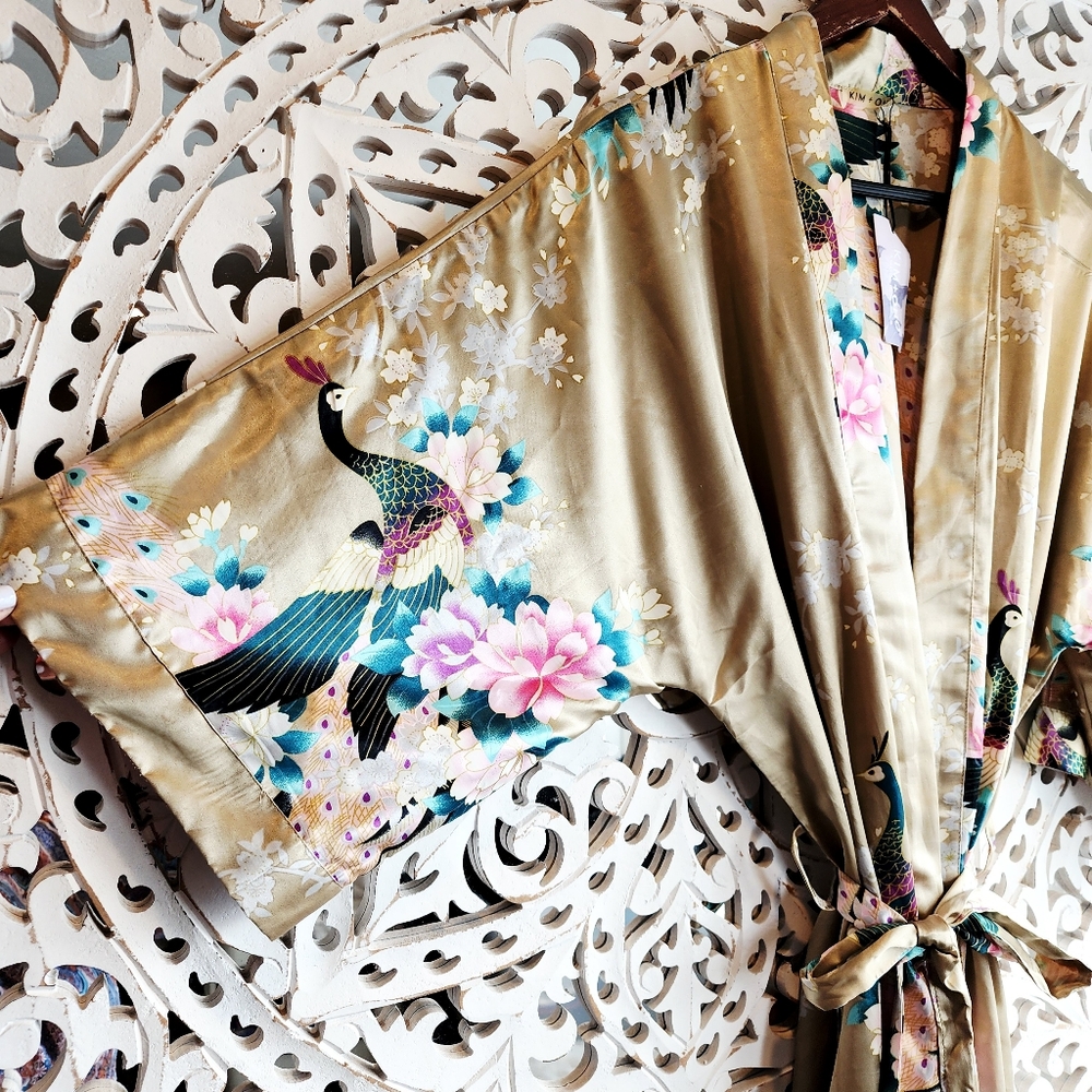 KIM + ONO BLOSSOM & PEACOCKS LONG KIMONO ROBE NWT ONE SIZE - Picture 5 of 16